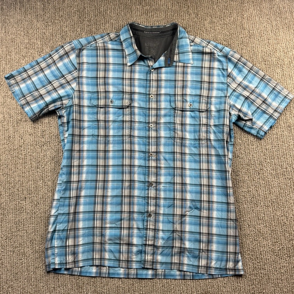 Kuhl Mens L Response Short Sleeve Shirt Button Up Lightweight Hiking Blue Plaid